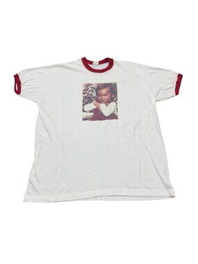 Vintage 1990s Baby Photo Ringer T-Shirt White Red Trim Single Stitch Made in USA